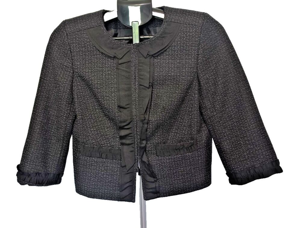 Ann Taylor Black Ruffle Blazer Jacket Size 2 Wool Blend Hook Front